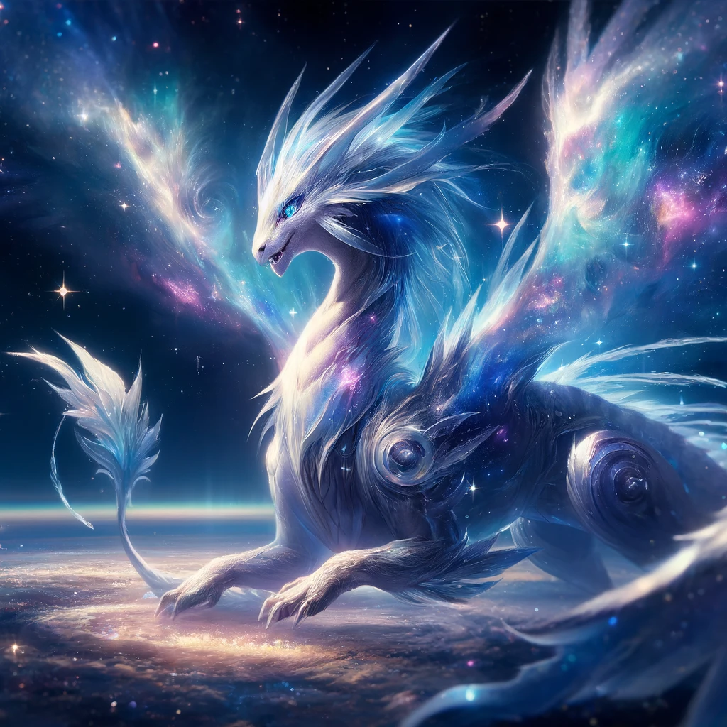 A fantasy artwork showcasing Celestigon, the only Legendary Chainpion, in a celestial and mystical environment. Celestigon appears as a majestic, ethereal dragon with a body that seems crafted from starlight and nebulae, reflecting the cosmos within its translucent scales. Its eyes glow with the intensity of stars, and its wings unfold like the night sky, adorned with constellations. The background is a vast expanse of outer space, dotted with distant stars and planets, giving Celestigon an aura of sublime power and rare beauty, befitting a Legendary Chainpion.