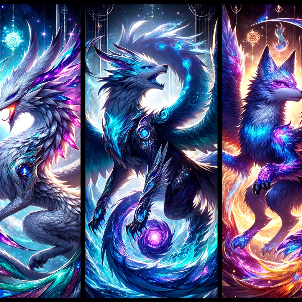 A fantasy artwork showcasing the three Ultra-Rare fusion Chainpions in a celestial and mysterious setting, ensuring all creatures are clearly visible. The scene includes: a dragon-phoenix hybrid with shimmering silver scales and vibrant purple feathers, a spectral wolf-dragon with translucent blue scales and ghostly features, and a phoenix-wolf with a glowing fiery coat and ethereal wings. Each creature's design is highlighted, set against a starry night sky with ethereal lights and mystical elements, creating an atmosphere of exclusivity and power.