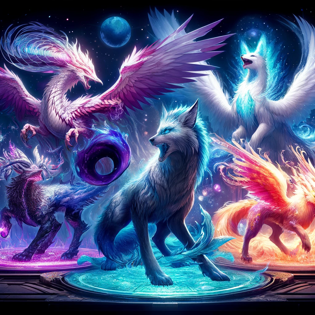 A fantasy artwork showcasing a collection of Ultra-Rare Chainpions in a celestial and mysterious setting. The scene features only three creatures, each representing the fusion of two Ultra-Rare Chainpions, with designs that highlight their extraordinary powers: a dragon-phoenix hybrid with shimmering silver scales and vibrant purple feathers, a spectral wolf-dragon with translucent blue scales and ghostly features, and a phoenix-wolf with a glowing fiery coat and ethereal wings. The background includes a starry night sky with ethereal lights and mystical elements, enhancing the atmosphere of exclusivity and power of the ultra-rare Chainpions.